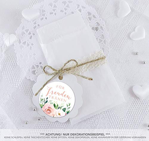 Freuden Tränen Taschentücher Set zur Hochzeit Klein 24 Sticker + 24 Flachbeutel Pergamin 63 x 93mm Freudentränen Taschentuch Verpackung BOHO HIPPIE ROSEN EUKALYPTUS APRICOT WEIß ROT ROSA