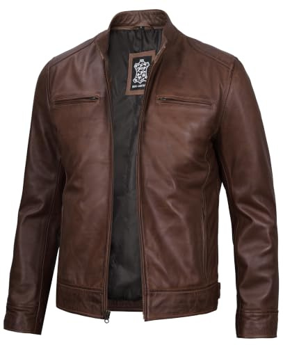 fjackets Chaqueta de cuero Cafe Racer moderna para hombre, Cera de coñac marrón, M