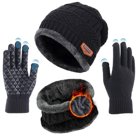 Calentar Sombreros Gorro de Punto Beanie y Calentador de Cuello Bufanda con Forro Polar Suave + Guantes de Pantalla Táctil, Kit de Accesorios de Cálido Invierno 3 en 1 para Hombres y Mujeres