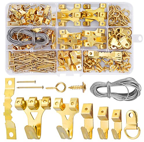 DazSpirit Bilderhaken Bildaufhänger Set (250 Stück) mit Draht, D Ringe, Augen Schraubösen, Zackenaufhänger, Stahl Haken & Nägel für Haus Büro Foto Bild Malerei Hängen, Bilderbefestigung