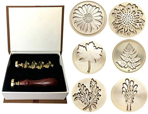 Sucute Moorlando Wachs Siegel Stempel Set, 6Pcs Botanical Sealing Wax Stamp Messingköpfe + 1Pc Holzgriff mit einer Geschenkbox Vintage