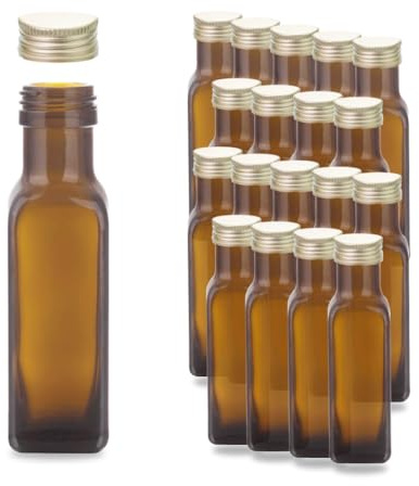 Flaschenbauer - 18x Marascaflaschen 100ml mit Schraubverschluss - eckige Maraska Glasflaschen zum Befüllen, Ölflaschen, Essigflaschen, Aufbewahrung von Dressing, Saftflaschen aus Glas, Vorratsflaschen