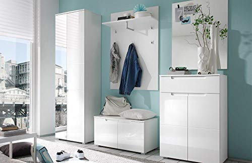 moebel-dich-auf.de Flur Garderoben-Set Slice weiß Hochglanz Fronten Korpus matt, 210 x 198 x 40 cm Garderobenschrank mit Spiegeltür, Bank, Paneel, Spiegel und Schuhkommode