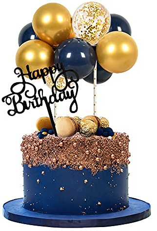 Marineblaue goldene Ballonwolke Kuchendekoration – 12,7 cm, 10 Stück metallische Konfetti-Mini-Ballon-Girlande mit Happy Birthday Cupcake-Topper für Geburtstagstortendekorationen, Babyparty, Hochzeit