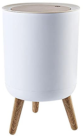 MisFox Kosmetikeimer Bad Rund Mülleimer, Badezimmer Mülleimer mit Deckel, 7 Liter Abfalleimer aus Holz und Plastik für Schlafzimmer Büro und Küche (Weiß)