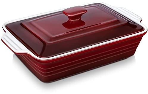 LOVECASA 4.5 Quart Ceramic Casserole Dish with Lid, 9x13 Baking Dish for Oven, Lasagna Pan Deep with Handles, Stoneware Bakeware, Oven & Dishwasher Safe, Gradient Red