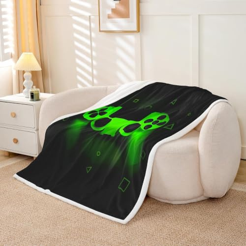 Spieler Überwurfdecke Jungen Spielen Fleece Decke Kinder Videospiel Schlafsofa Schlafsaal Dekoration Spielen Plüschdecke Teens Grün Glitzer Retro Spiel Regler Decke ganzjährig weich 150 x 200 cm