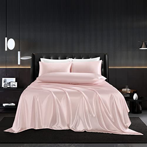 HommxJF 4Pcs Blush Pink Silk Twin Sheet Set - Satin Bedding With 1 Flat Sheet, 1 Deep Pocket Fitted Sheet, 2 Pillowcases With Envelope Closure - Silky Comforter Sheets