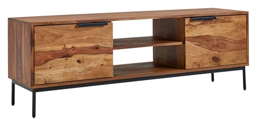 FineBuy Lowboard 147x38x51 cm Sheesham Massivholz, TV-Kommode mit 2 Türen | TV-Schrank für Fernseher bis 60 Zoll, Fernsehschrank aus Echtholz, handgefertigtes Unikat, Fernsehtisch mit Stauraum