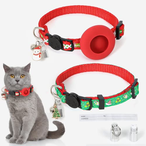 2 Stück Weihnachten Katzenhalsband,Halsband Katze mit 1 AirTag-Halter,Glocke,Namensadresse Metallanhänger,Weihnachtsanhänger und Sicherheitsverschluss,Halsband Mädchen Jungen Kätzchen Welpen Geschenk