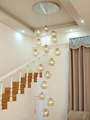 AAOTE Modern Simple Spiral Staircase Chandelier Crystal Light Shade Ceiling Balls Glass Bubble Lamp Large Pendant Light Fixtures for Living Room Hallway Duplex Hanging,Champagne Gold,60