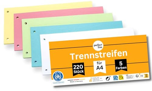 perfect line 220 Trennstreifen für Ordner A4, Trennblätter aus Recycling-Karton Made in Germany, 5 Farben, gelocht