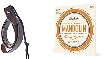 D'Addario Accessories Leather Mandolin Strap - Mandolin Accessories - Cradle Style - Brown & Mandolin Strings - Mandolin Strings - Phosphor Bronze - For 8 String Mandolin - EJ74 - Medium, 11-40