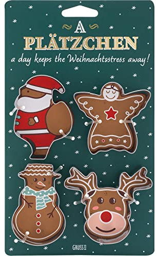 Ausstecher-Set Motiv Stress: Keksausstecher-Set bestehend aus Weihnachtsmann, Schneemann, Schutzengel und Rentier, mit Plätzchen-Rezept auf der Rückseite
