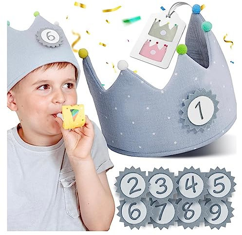 NeLi Geburtstagskrone Kinder-Geburtstag aus Musselin mit Zahlen von 1-9 für Jungen Mädchen Stoffkrone in DREI Farben (blaugrau)