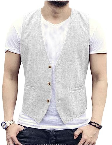 AeoTeokey Gilet estivo da uomo in lino, gilet da completo, gilet casual, vestibilità regolare, bianco, XL