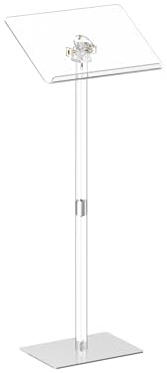 HMYHUM Small Acrylic Podium Stand, Angle Adjustable, 17.7 L x 13 W x 42.3 H, Modern Lecterns & Pulpits for Classroom, Concert, Church, Speech, Easy Assembly, Metal Base, Clear