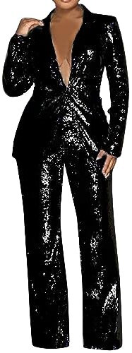 Juice Anzug Damen Elegant Mit Pailletten, 2-Teiliges Hosen-Set, Reverskragen, Schmale Passform, Formelle Anzüge, Pailletten-Sets (Black, XL)