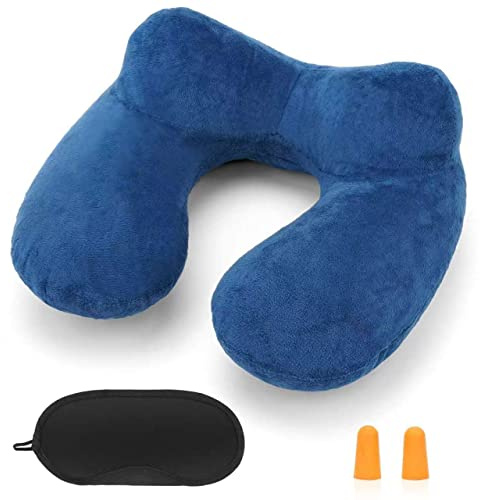 HITSZS Inflatable Travel Pillow for Airplane Inflatable Neck Pillow for Traveling with Soft Velvet Washable Cover for Sleeping, Airplane,Train, Car, Office, Contoured Eye Masks, Earplugs