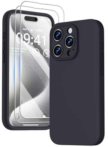 GOODVISH for iPhone 15 Pro Case Silicone with Screen Protectors X2, Black | Full Body&Camera Protection, Premium Liquid Silicone, Shockproof Phone Case, Soft Touch&Anti-Scratch Microfiber Lining Cover