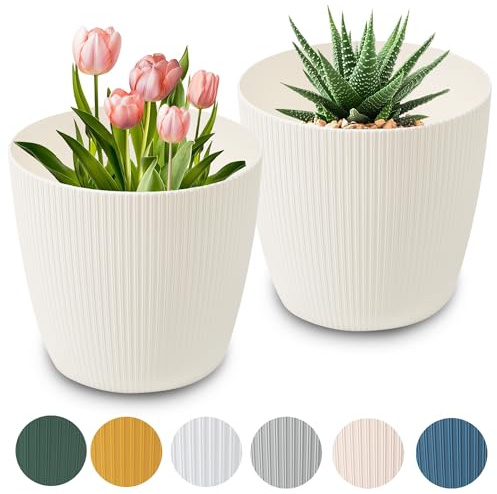 PECZEKO Blomkruka matta, planteringskruka av ytterkruka plast dekorativ kruka för, stora växter 2 x blomkrukor set, blomkruka örtkruka, (2-pack) kräm, ø 26 cm
