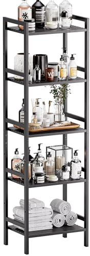 HITNET Bamboo Bookshelf, 5-Tier Skinny Bookcase with Adjustable Shelves, Freestanding Bathroom Storage Shelving Unit, Space-Saving Display Plant Stand, Black