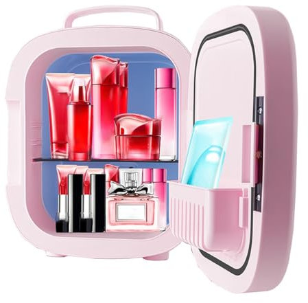 GIZNXBA Mini Frigo Portatile Elettrico con Specchio Luminoso A LED Dimmerabile, Mini Frigo da Camera 6 Litri 12 V Frigorifero Portatile per Auto, Refrigeratore E Scaldavivande