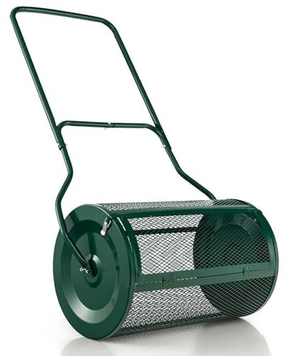 Esparcidor de abono de 27 pulgadas para césped y jardín, turba, musgo, siembra, fertilizante, estiércol, rodillo esparcidor de jardín con mango en forma de U, esparcidor de abono para fertilizante