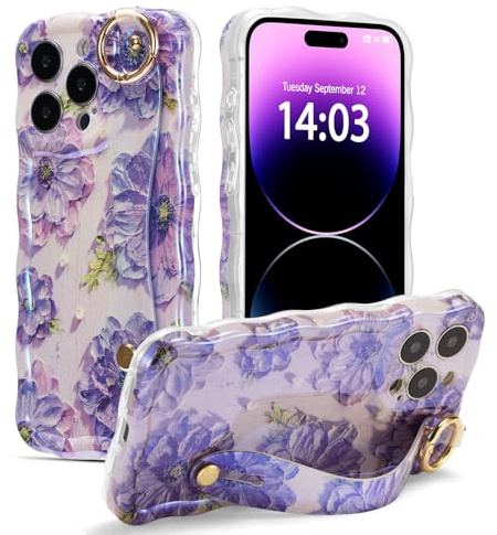 EYZUTAK Case with Hand Strap for iPhone 14 Pro Max, Colorful Oil Painting Flower With Wristband Kickstand Laser Curly Wave Edge Phone Cover Stylish Durable TPU Protective Case for Women - Purple | Laser Colorful Floral Case with Wristband Kickstand Function, Curly Wave Edge, Stylish Durable TPU Protective Cover for Women