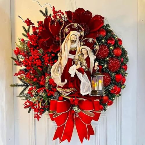 Christmas Wreath Decorations Indoor Outdoor, Krippen Weihnachtskranz 40CM, Weihnachtskranz für Tür mit LED Beeren und Schleife Ribbon, Adventskranz, Weihnachtsdeko für Außen und Innen (A)