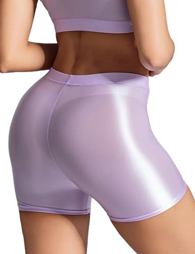 Maeau Korta byxor, dam, olja, glans, hotpants, elastiska sportshorts, hög midja, glansig shorts, korta, glänsande yogabyxor, olja, glänsande tights, shorts för yoga, löpning, fitness, S, M, L, lila, S