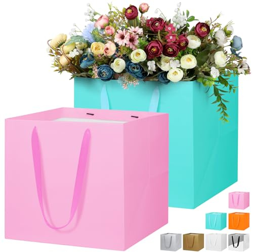 LVNRIDS 2 Bolsas de Regalo Grandes, 30 x 30 x 30 cm Bolsas Cuadradas con asas de Mercancía de Compras, 11.8 inch Bolsas de Ramos, Cumpleaños, Manualidades, Navidad Rosa/Azul