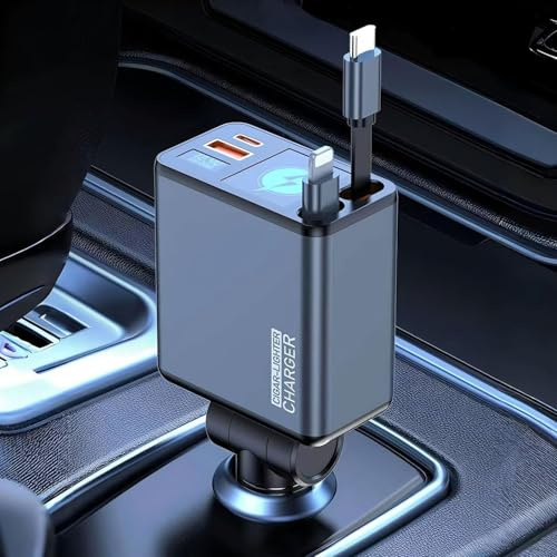 4-IN-1 Caricatore Auto USB C,124W Carica Rapida, [50% Più Piccolo] [Display di Tensione] 180° Pieghevole Accendisigari Auto 12V/24V con 2 Cavi Retrattili & Porta USB-C/A, per iPhone/Samsung