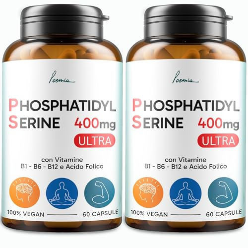 Fosfatidilserina Pura Ps 400mg Cortisolo Memoria Concentrazione Integratore con Vitamina B1 (Tiamina) B6 B12 Acido Folico 2x60 Capsule bundle Poemia