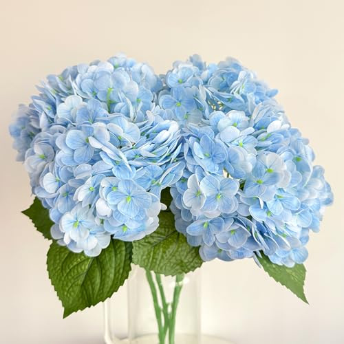 Neabuler 4Pcs 20in Hydrangea Artificial Flowers Real Touch Latex Fake Realistic Floral Arrangements for Home Bathroom Office Table Shelf Decorations Wedding Bouquets Centerpieces, Blue
