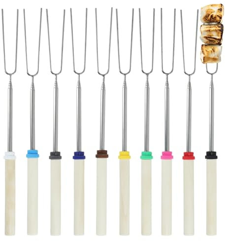 10 Pack Marshmallow Toasting Forks Kit - Extendable Stainless Steel Smores Sticks for BBQ and Campfire - Retractable Outdoor Campfire Accessories for Roasting Marshmallows and Hot Dogs