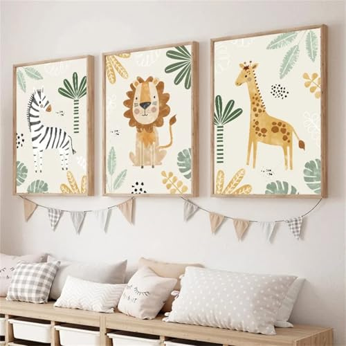 champracer 3er Set Poster Kinderzimmer,Kind Waldtiere Poster Kinder Wandbilder,Deko Babyzimmer Jungen Mädchen,Bilder Kinderzimmer Giraffe Zebra Löwe Bilderwand ohne Rahmen (50 x 70 cm)