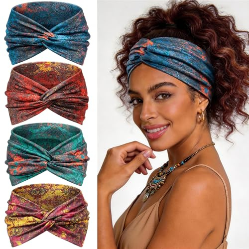 Tumurup 4 st pannband för kvinnohår, breda hårband – vintage turban elastiska mjuka huvudband knutna för yoga och träning – sommar söta mode håraccessoarer (Boho)
