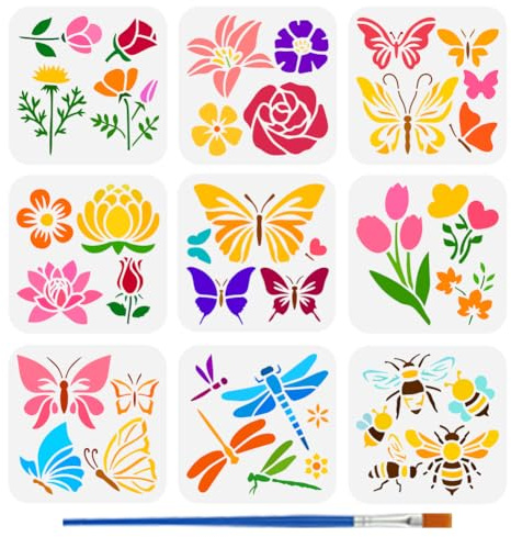 FINGERINSPIRE 9 stencil da pittura con fiori e pennelli, 15 x 15 cm, farfalle, api, libellule, modello da disegno, rose, gigli, tulipani, fai da te, per dipingere su pareti in legno, tessuti e mobili
