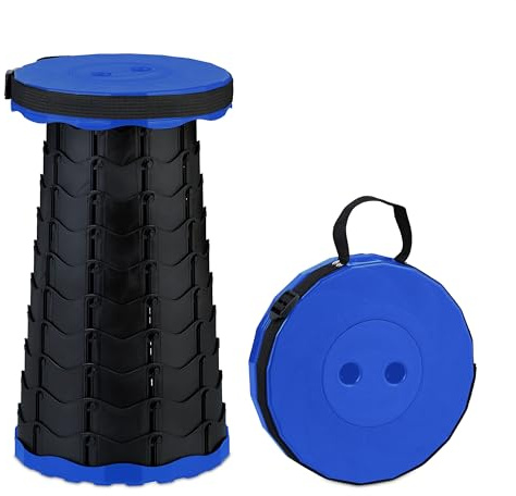 Relaxdays Taburete Telescópico, Banqueta Plegable Camping, con Correa, Altura Ajustable, 44,5x25x25 cm, Negro/Azul