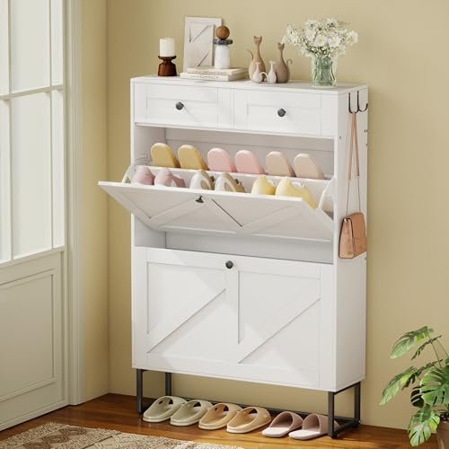 Nisorpa Schuhschrank mit 2 Kippfächern, Schuhschrank Schmal mit 2 Schubladen, Shoe Cabinet für Flur, Eingang, Wohnzimmer, 75 x 22 x 112 cm, Schuhkipper Weiss