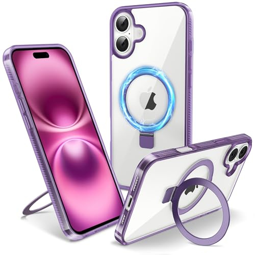 Flyzoo Magnetic Kickstand Case for iPhone 16, [Compatible with MagSafe & Invisible Ring Stand Holder] [Non-Yellowing & Shockproof] Clear Transparent Hard Silicone Edge Cover, 6.1'', Clear Purple
