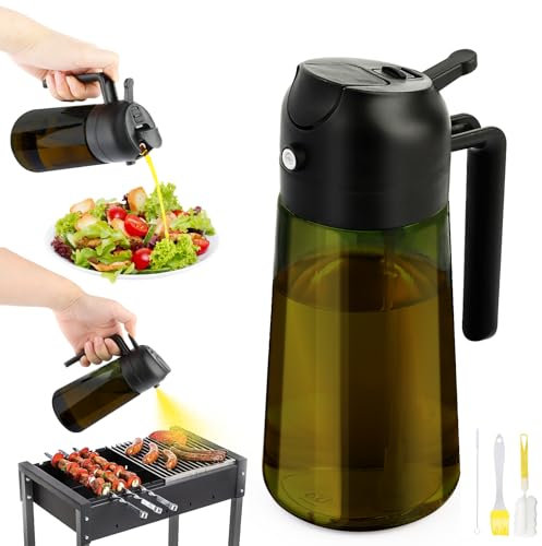 Öl Sprühflasche,470ml Ölsprüher für Speiseöl Glas ,2 in 1 Ölsprüher für Speiseöl Glas,Zusätzlich Ölbürste und Reinigungsbürste, Ölspray zum Kochen für Salat, Grillen, Backen in der Küche (Olive Grün)