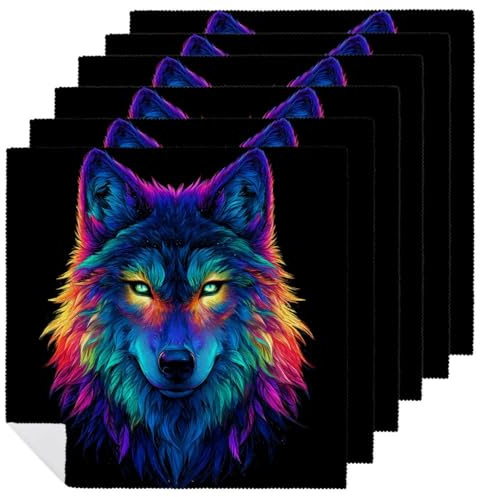 Set di 6 tovaglioli di stoffa colorati con testa di lupo, quadrati, riutilizzabili, lavabili, in poliestere, per cene e feste