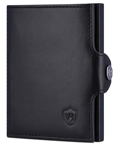 VON HEESEN Slim Wallet mit Münzfach & RFID-Schutz - Mini Geldbörse Herren & Damen - Kartenetui Kreditkartenetui - Portmonee Geldbeutel Portemonnaie klein (Schwarz Glatt)