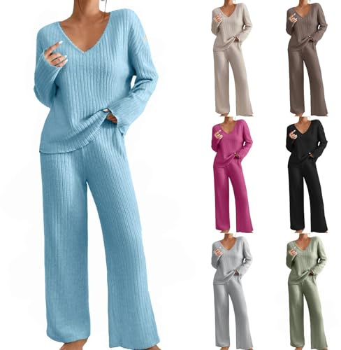Travel Outfit Airport Set Women Lounge Wear Sets Tracksuit Knitted Long Sleeve Top Wide Leg Pull On Trousers Pants Oversized Fluffy Cosy Pyjamas Holiday Dailywear