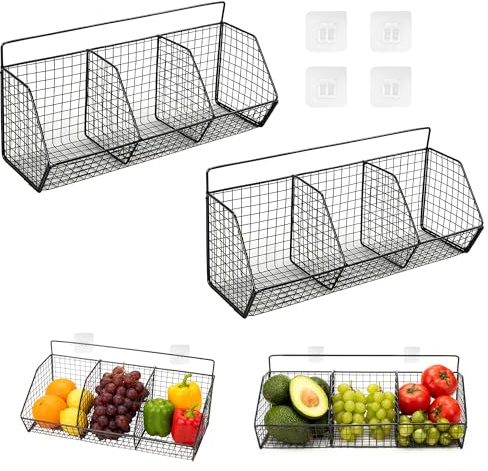 ohbien 2Pack Wall Mounted Kitchen Storage Baskets,Hanging Wire Fruit Basket | No Drilling Adhesive Hanging Metal Storage Baskets with 3 Grids, Wire Basket for Kitchen Pantry Organization Bathroom