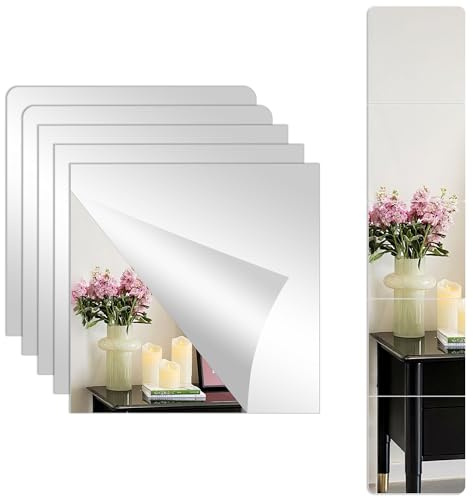 Oaioya 5-Pack 30x30cm Square Acrylic Mirror Tiles, 2mm HD Frameless Wall Mirrors Shatterproof Self-Adhesive Wall Mirrors for Bathroom, Bedroom, Living Room, Hallway Decoration