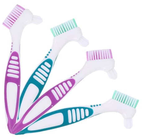 TOPPERFUN Lot de 4 Brosses pour Prothèses Dentaires Poignée Antidérapante, Poils Souples, Brosses de Nettoyage Double Face, Outil Hygiène Buccale, Usage Quotidien, Nettoyage pour Dentiers