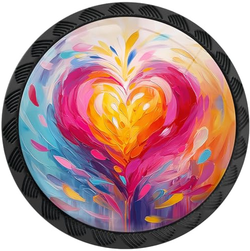 Artinhand Schrankknäufe in Regenbogenfarben, Herzform, rund, Schubladengriffe, schwarz, Kommodenknauf, Schranktürgriffe, Hardware für Küche, Badezimmer, Schränke, 4 Stück